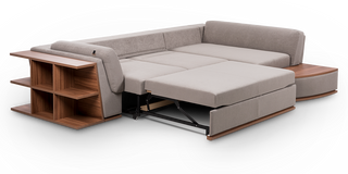 Softy sectional sofa-bed with shelves and table