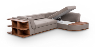 Softy sectional sofa-bed with shelves and table